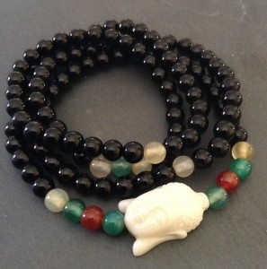 Black Agate Meditative Buddha Mala Style Bracelet Three Charmed Gems